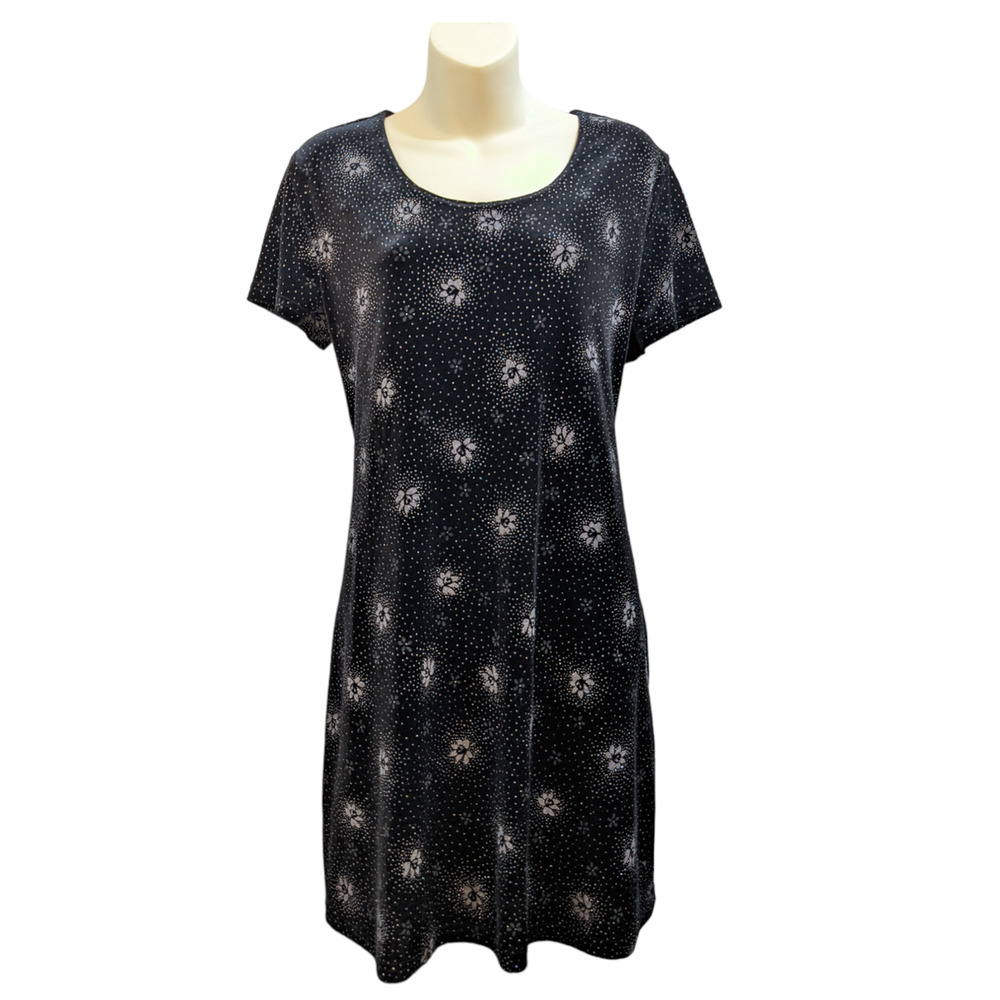 Vintage 90's Black Velvet Dress, Silver Sparkly Flowers, Shift or‎ Bodycon L-XL